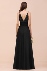 Deep V Neck Spaghetti Straps Slit Long Black Bridesmaid Dress-27dress